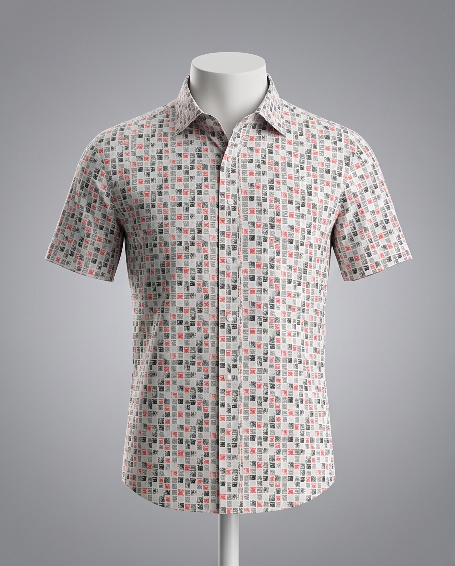 Textured Grid Print Short-Sleeve Cotton Shirt