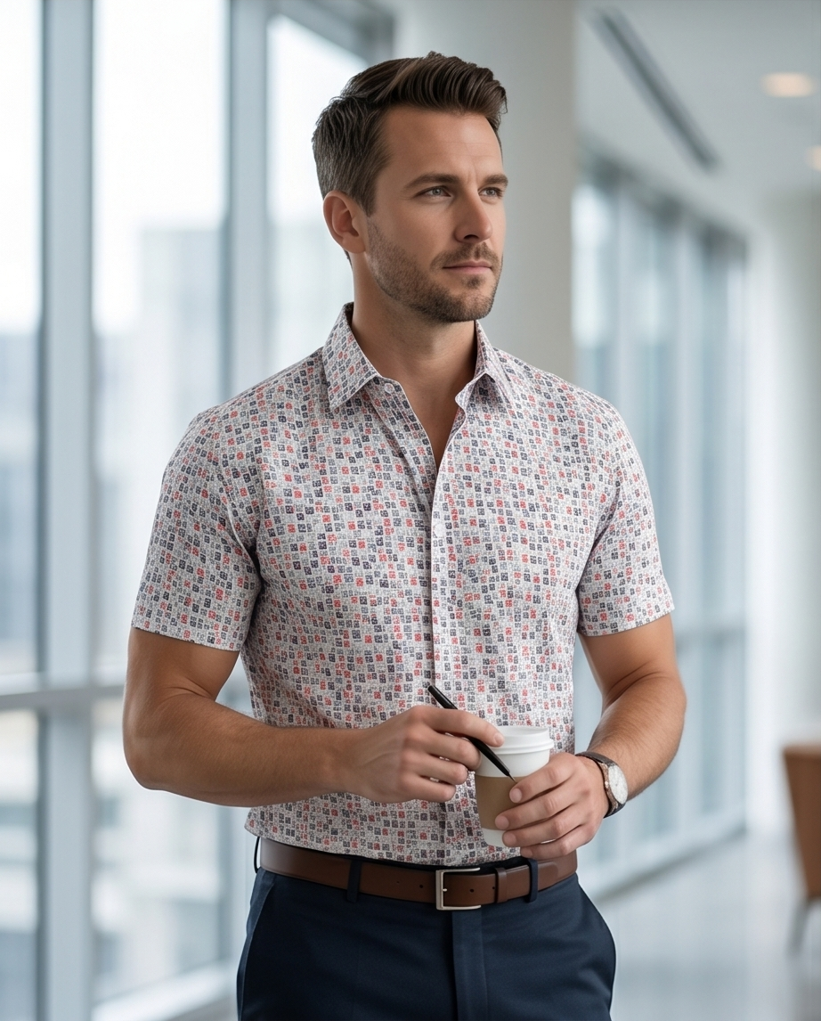 Textured Grid Print Short-Sleeve Cotton Shirt