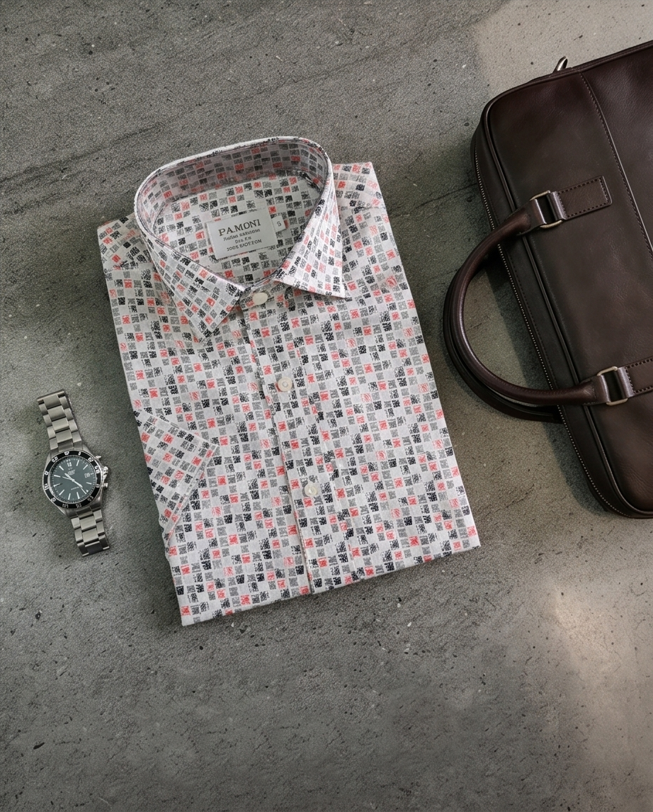 Textured Grid Print Short-Sleeve Cotton Shirt