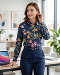 Estampado floral que favorece la figura: camisa de mujer 100% algodón de corte extra entallado