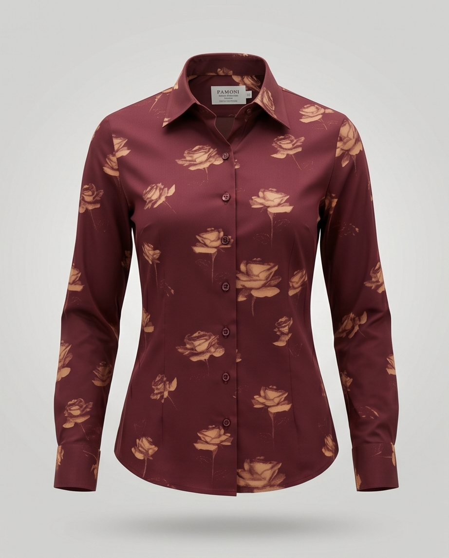 Blooming Burgundy: Fitted 100% Cotton Shirt With Rose Motif
