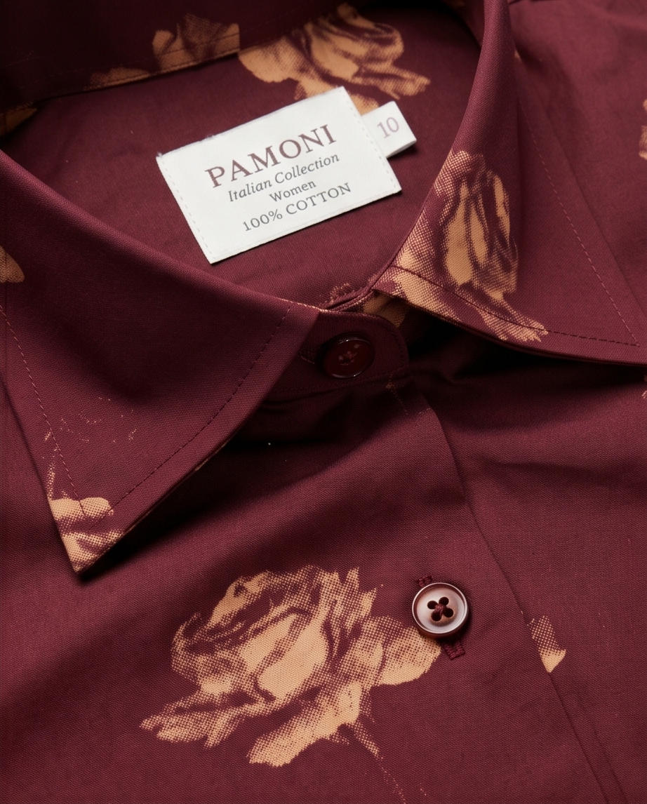 Blooming Burgundy: Fitted 100% Cotton Shirt With Rose Motif