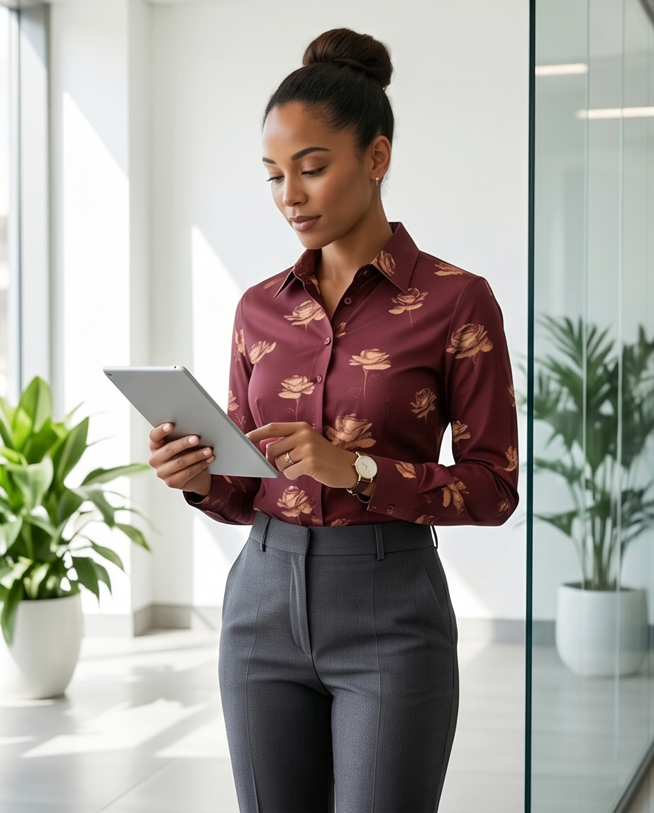 Blooming Burgundy: Fitted 100% Cotton Shirt With Rose Motif