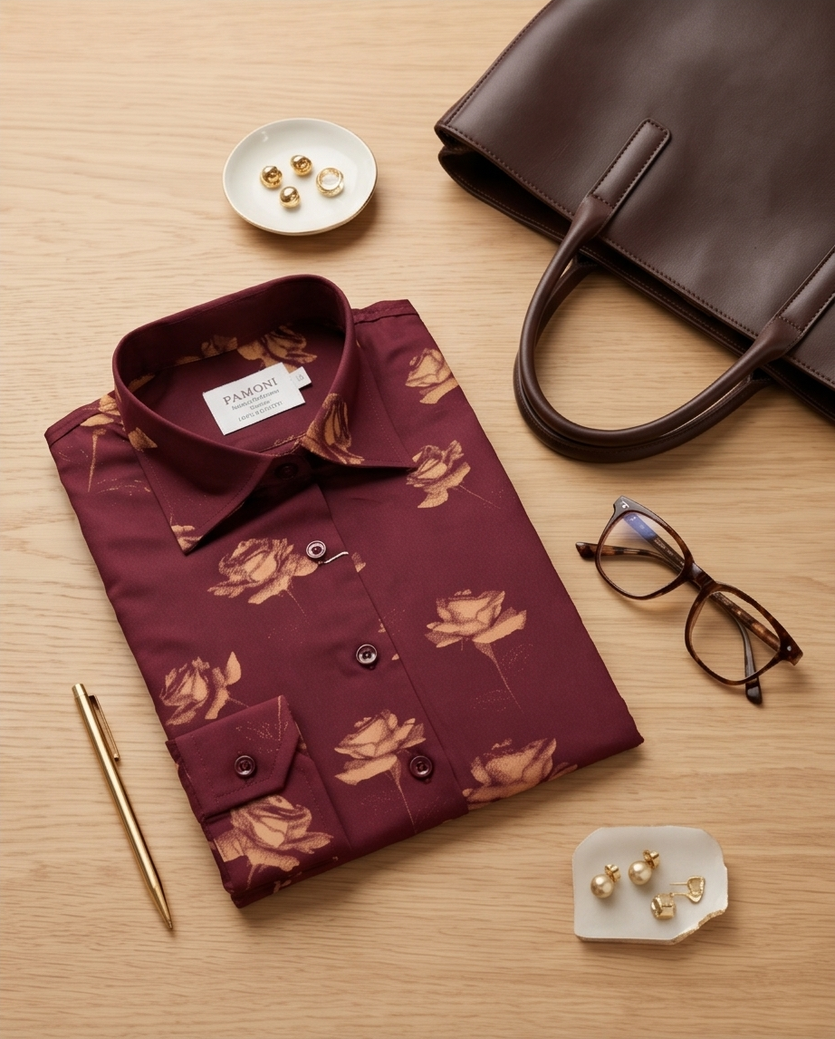 Blooming Burgundy: Fitted 100% Cotton Shirt With Rose Motif