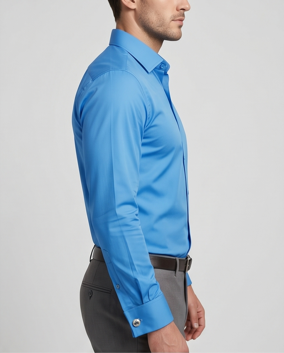 Camisa de vestir de algodón 100%, corte ajustado, color azul cielo y puño doble
