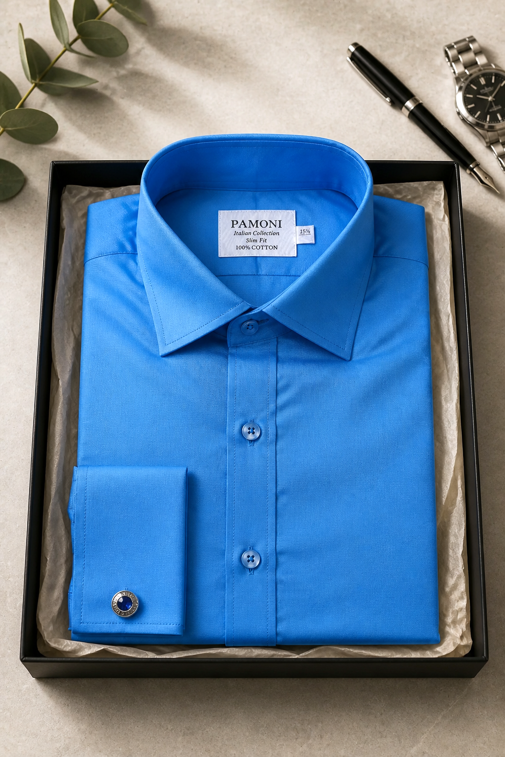 Camisa de vestir de algodón 100%, corte ajustado, color azul cielo y puño doble