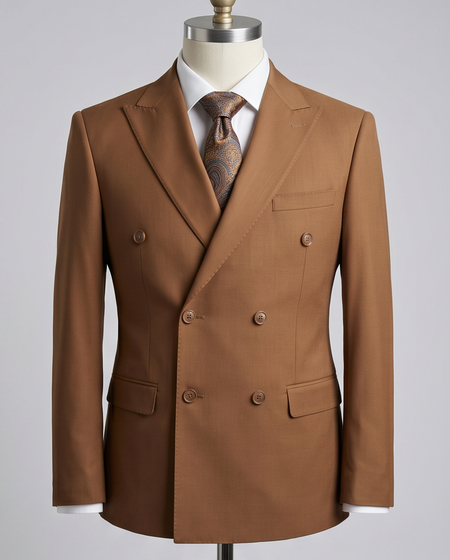 Men’s Slim-Fit Double-Breasted Wool-Blend Suit – Cognac Brown