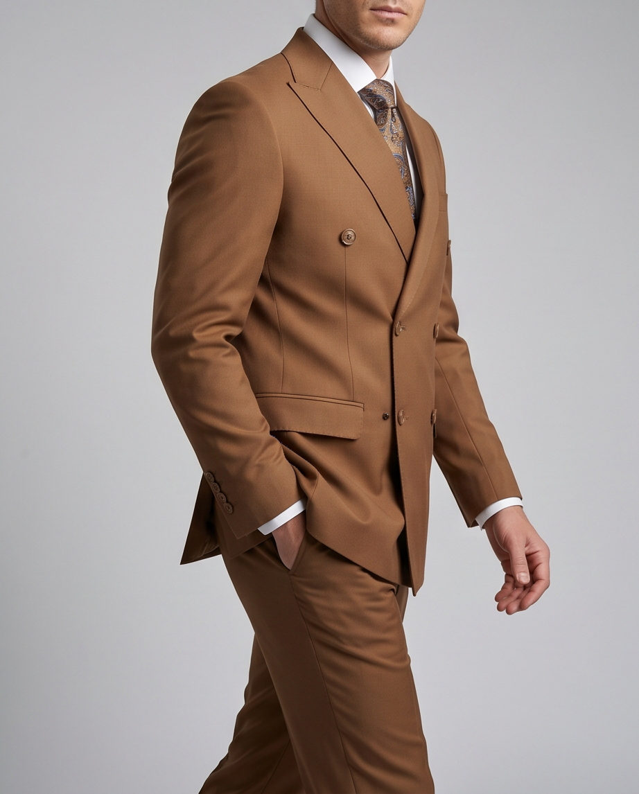 Men’s Slim-Fit Double-Breasted Wool-Blend Suit – Cognac Brown