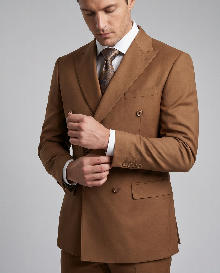 Men’s Slim-Fit Double-Breasted Wool-Blend Suit – Cognac Brown