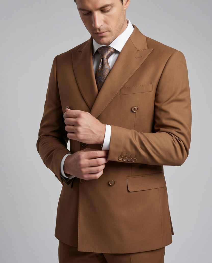 Men’s Slim-Fit Double-Breasted Wool-Blend Suit – Cognac Brown