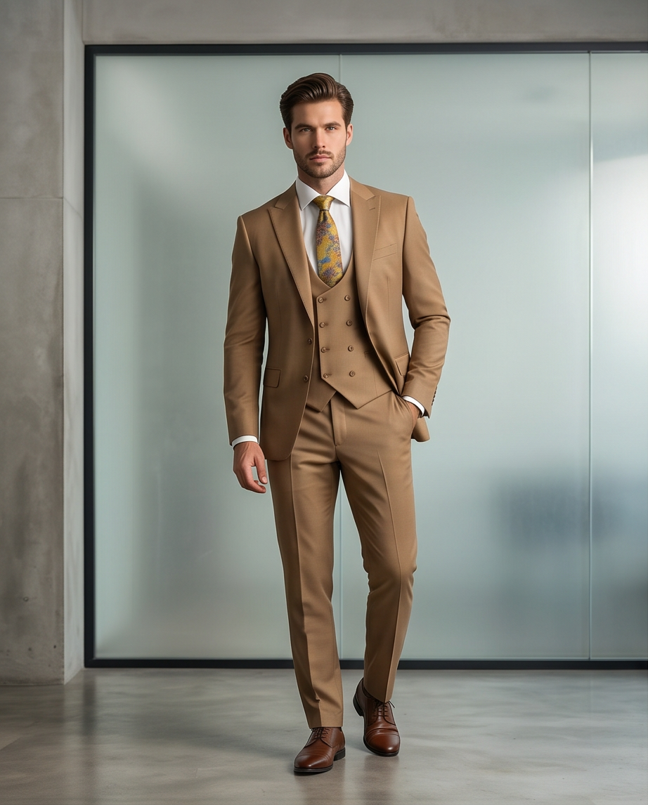 The Executive Slim-Fit 3-Piece Suit – Camel Wool Blend