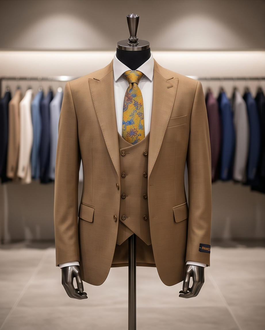 The Executive Slim-Fit 3-Piece Suit – Camel Wool Blend