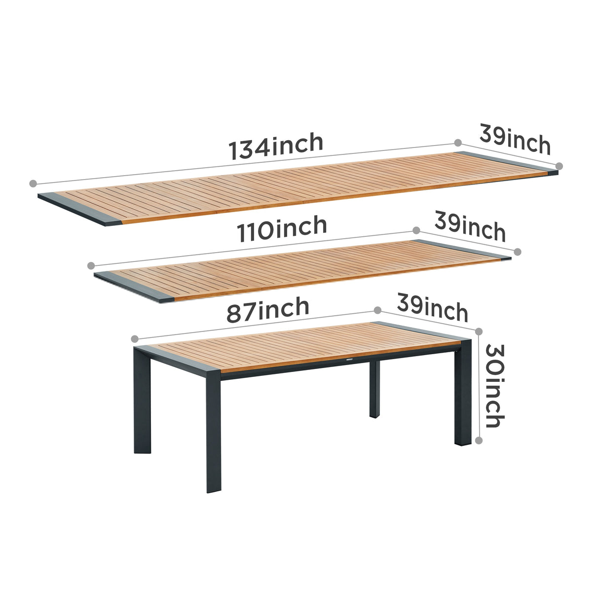 Set de comedor exterior de teca LUMEN para 12 personas con tres modos de extensión para 8/10/12 asientos
