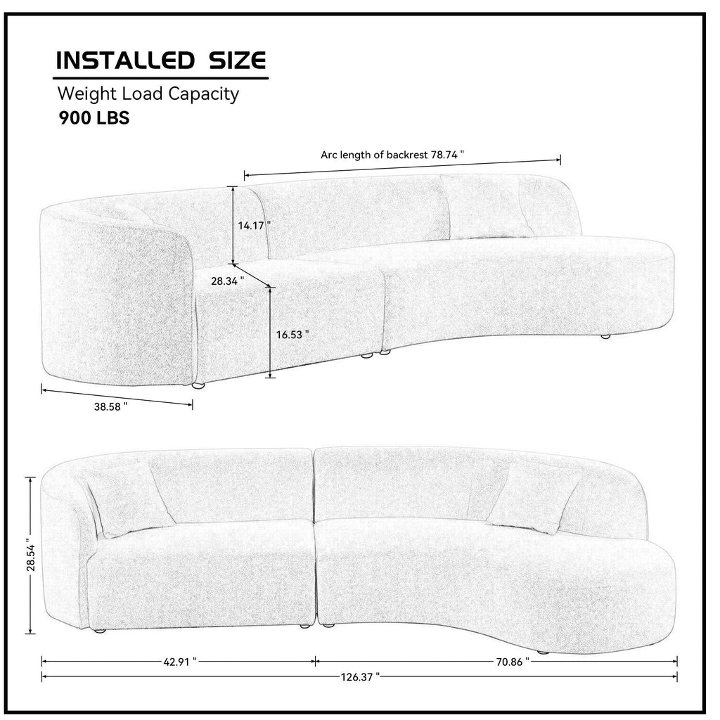 Luxury Modern Style Living Room Upholstery Curved Sofa With Chaise 2-Piece Set, Right Hand Facing Sectional,  Boucle Cou