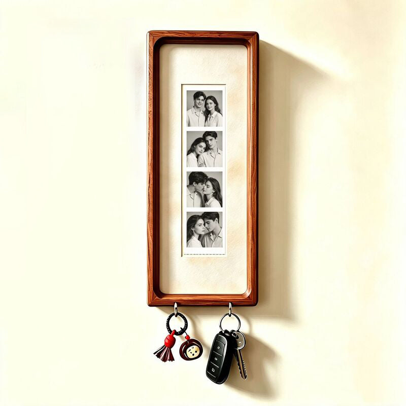 Cadre photo en bois pour couple avec porte-clés – Cadre photo mural, porte-clés à rayures vintage, cadeau d'anniversaire