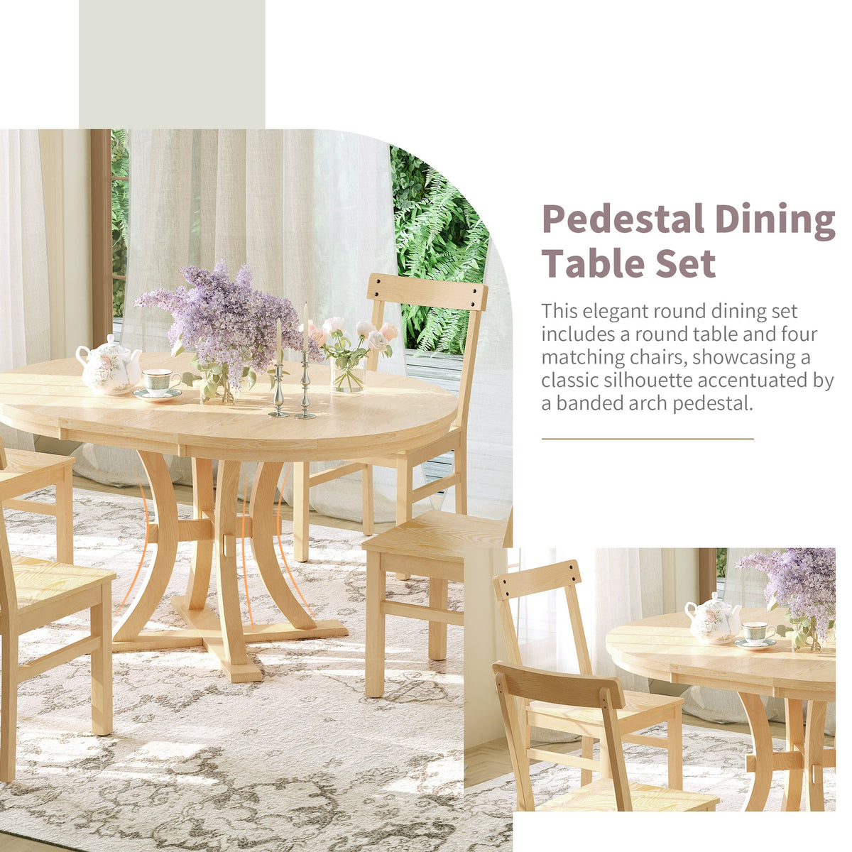 5-Piece Rustic Round Pedestal Extendable Dining Table Set With 15.7" Removable Leaf and Simple Dining Chirs for Small Pl