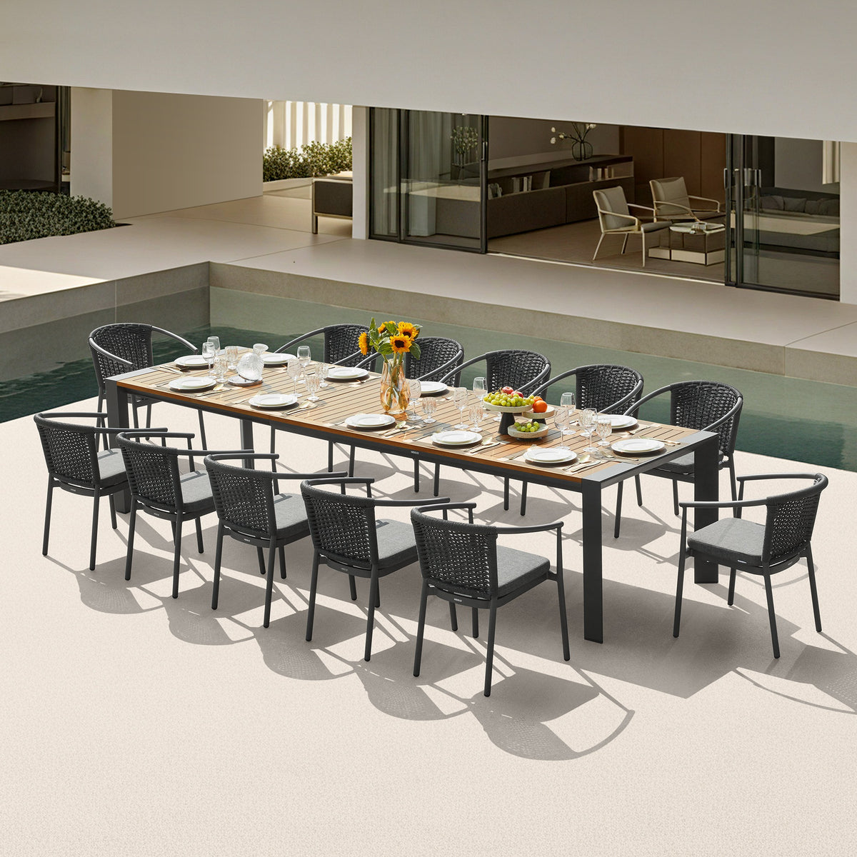 LUMEN 12 Person Teak Outdoor Dining Set With Three Version Extending Mode For 8/10/12 Seating