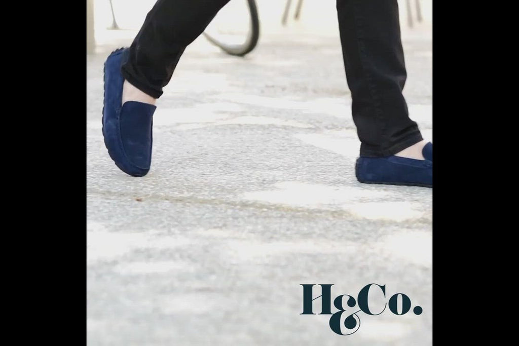 Mocasines de conducción con suela de neumático, ante azul marino