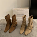 French-style Pointed-toe Mid-calf Boots With A Chunky Low Heel