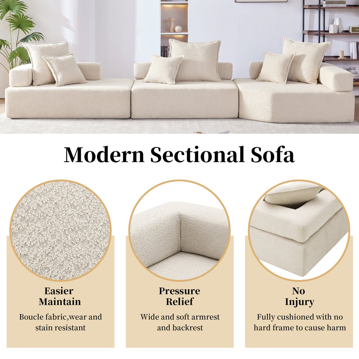 Sofá seccional modular de gran tamaño, lujoso conjunto de sofá de suelo de bouclé, sofá cama convertible, espacioso sofá cama relleno de espuma