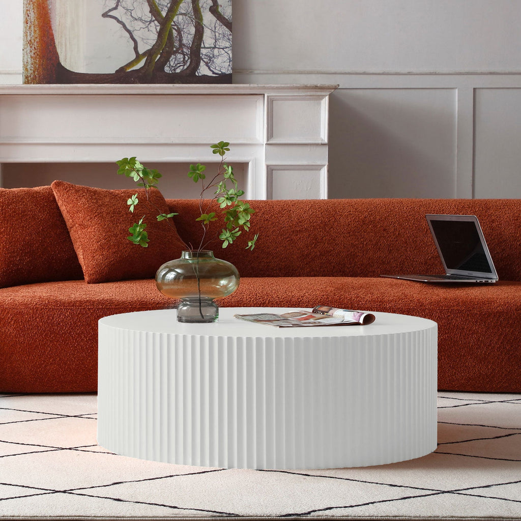 Contemporary Round Coffee Table With Handcrafted Relief, φ35.43inch, Whtie