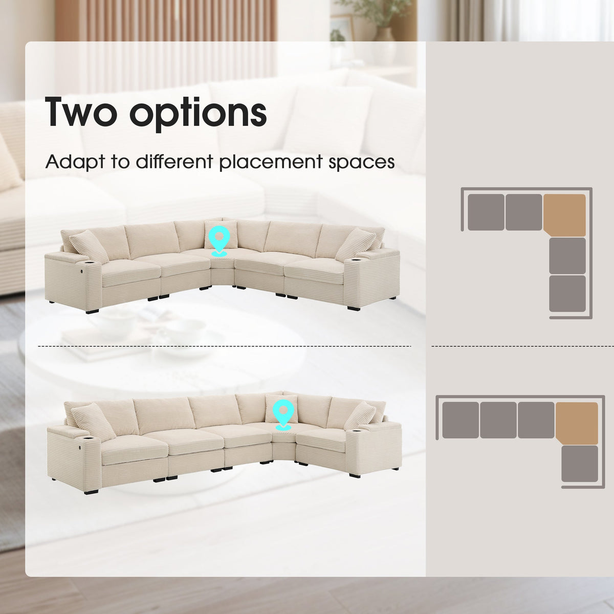 106" Convertible L Shaped Sectional Sofa,Corduroy Corner Couch With Armrest Storage,Cup Holders,USB Charger,Irregular Co