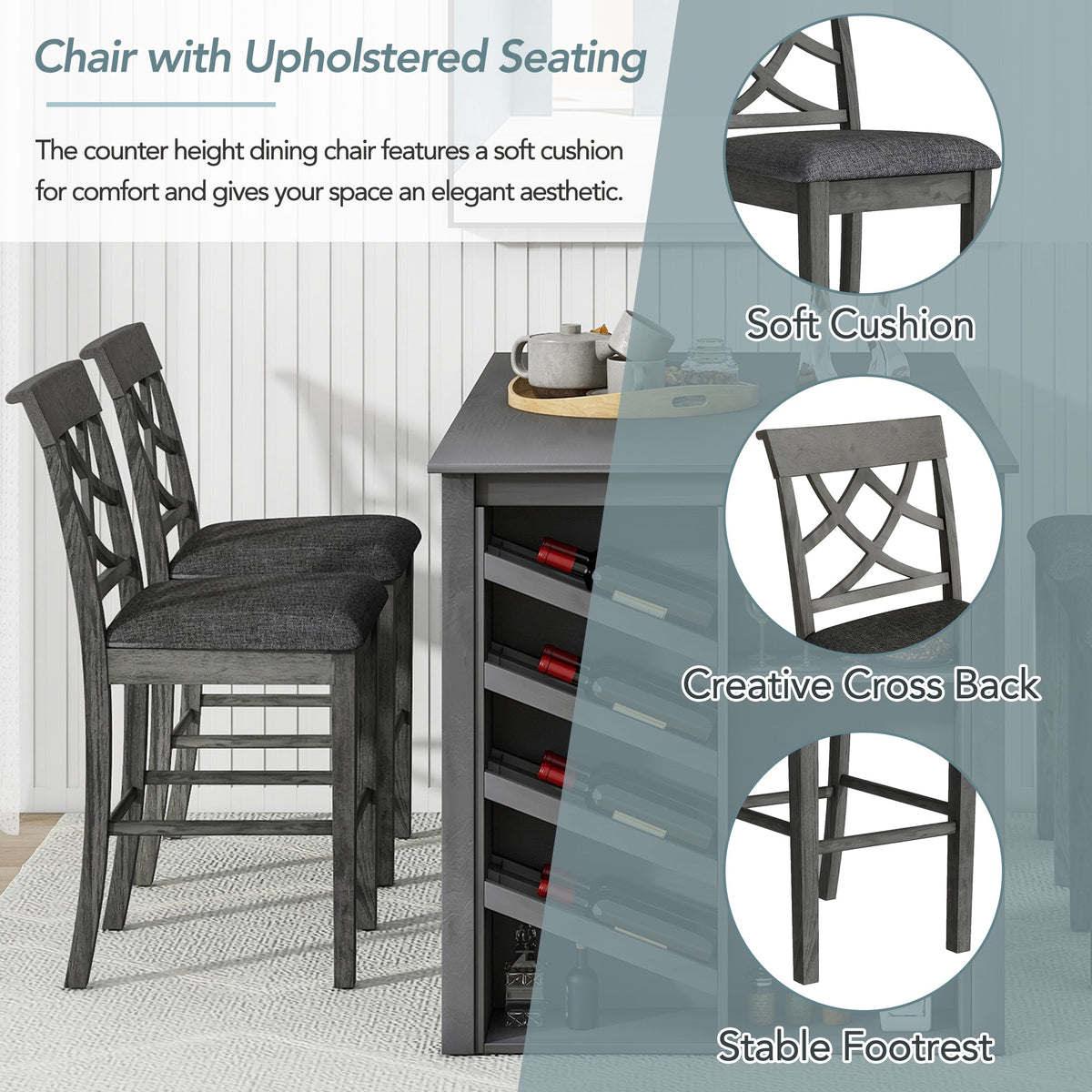Updated Counter Height 5-Piece Solid Wood Dining Table Set, 59*35.4Inch Table With Curved Wine Rack and 4 Upholstered Ch