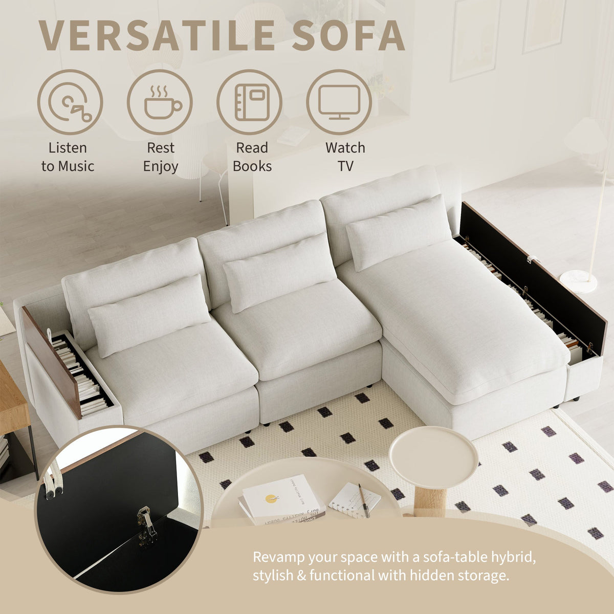 Sofá modular en forma de L con cojines de respaldo extraíbles, 3 almohadas y 2 espacios de almacenamiento, adecuado para salas de estar, ofi