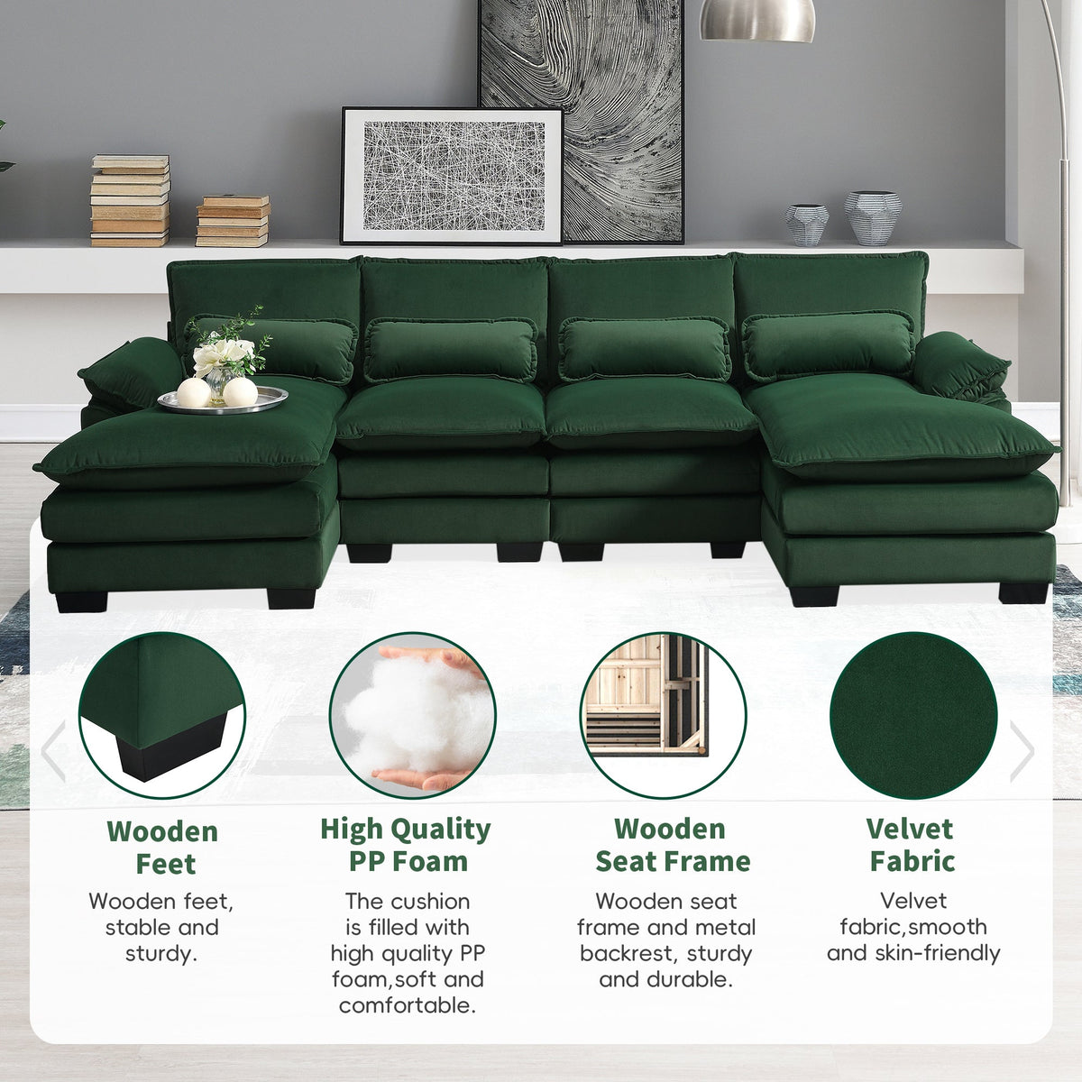 110*55" Modern U-Shaped Sectional Sofa With Waist Pillows,6-Seat Upholstered Symmetrical Sofa Furniture,Sleeper Sofa Cou