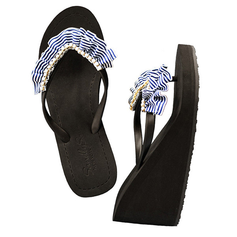 Rockaway Stripe - Marine Blue and White Rhine Stone Embellished Women's High Wedge Flip Flops Sandal