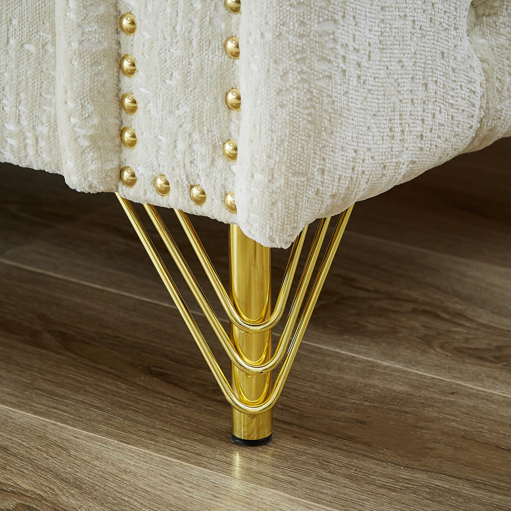 82-tums soffa i chenille med dragspännesdesign för vardagsrum, knapptuftad med kopparnagelsdekoration på armstödet, modern soffa