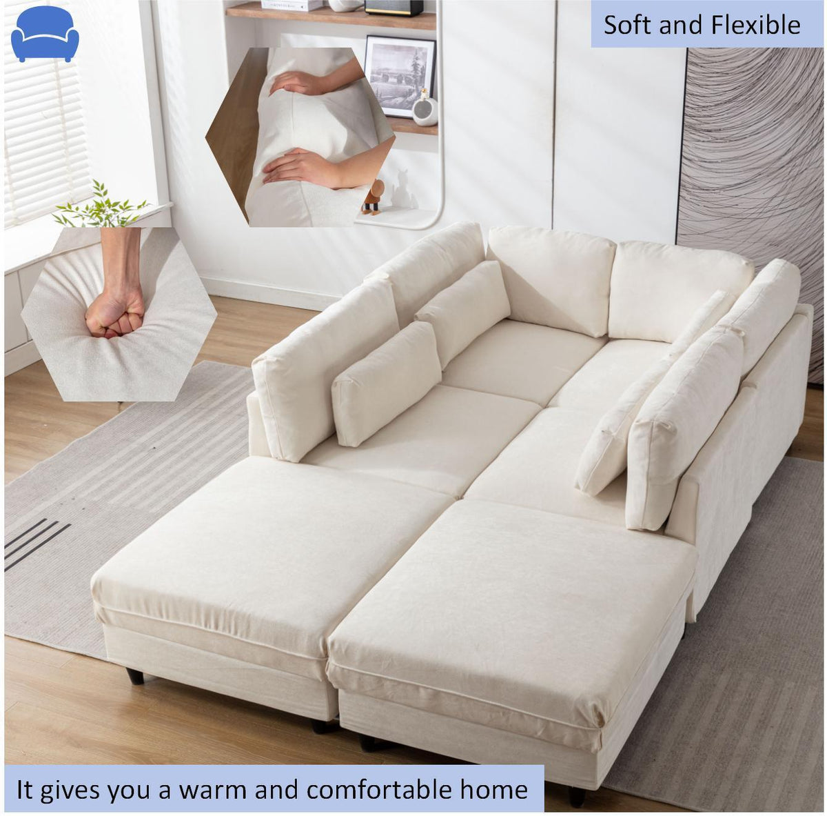 Oversized Modular Sectional Fabric Sofa Set With Waist Pillows, Extra Large U Shaped Couch With Reversible Chaise, 145 I