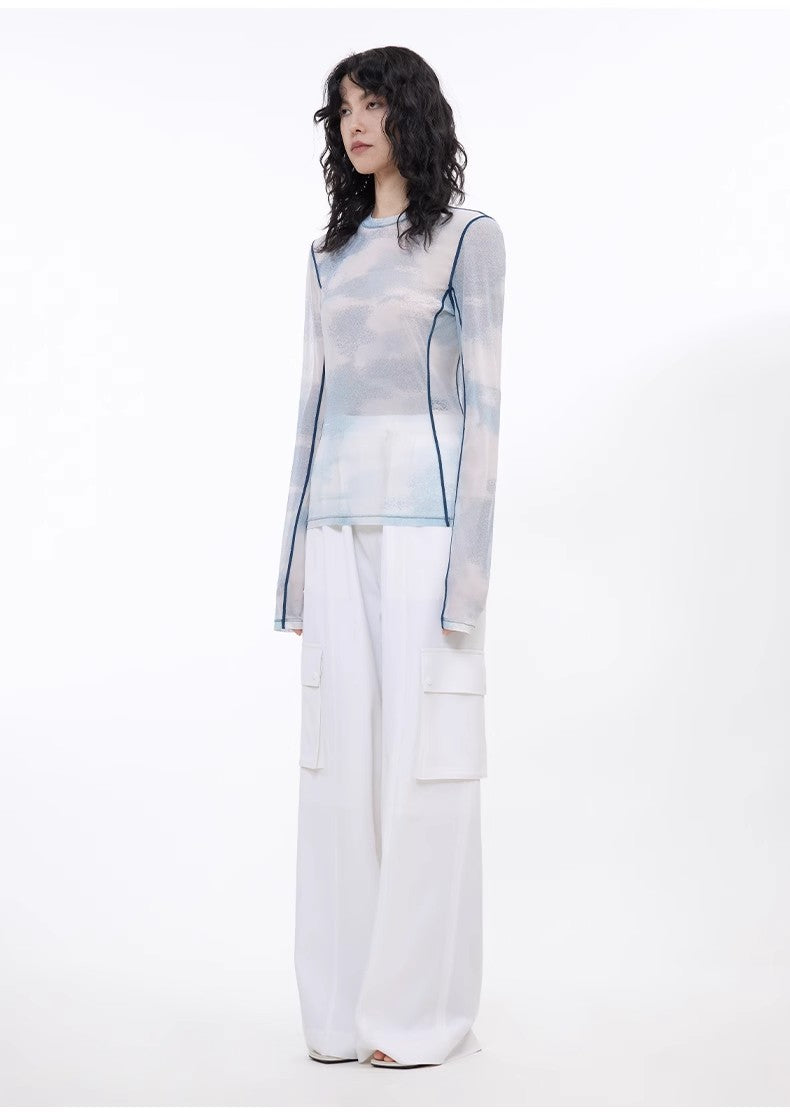 Smudge-Printed Mesh Slightly See-Through Long-Sleeved T-Shirt for Women