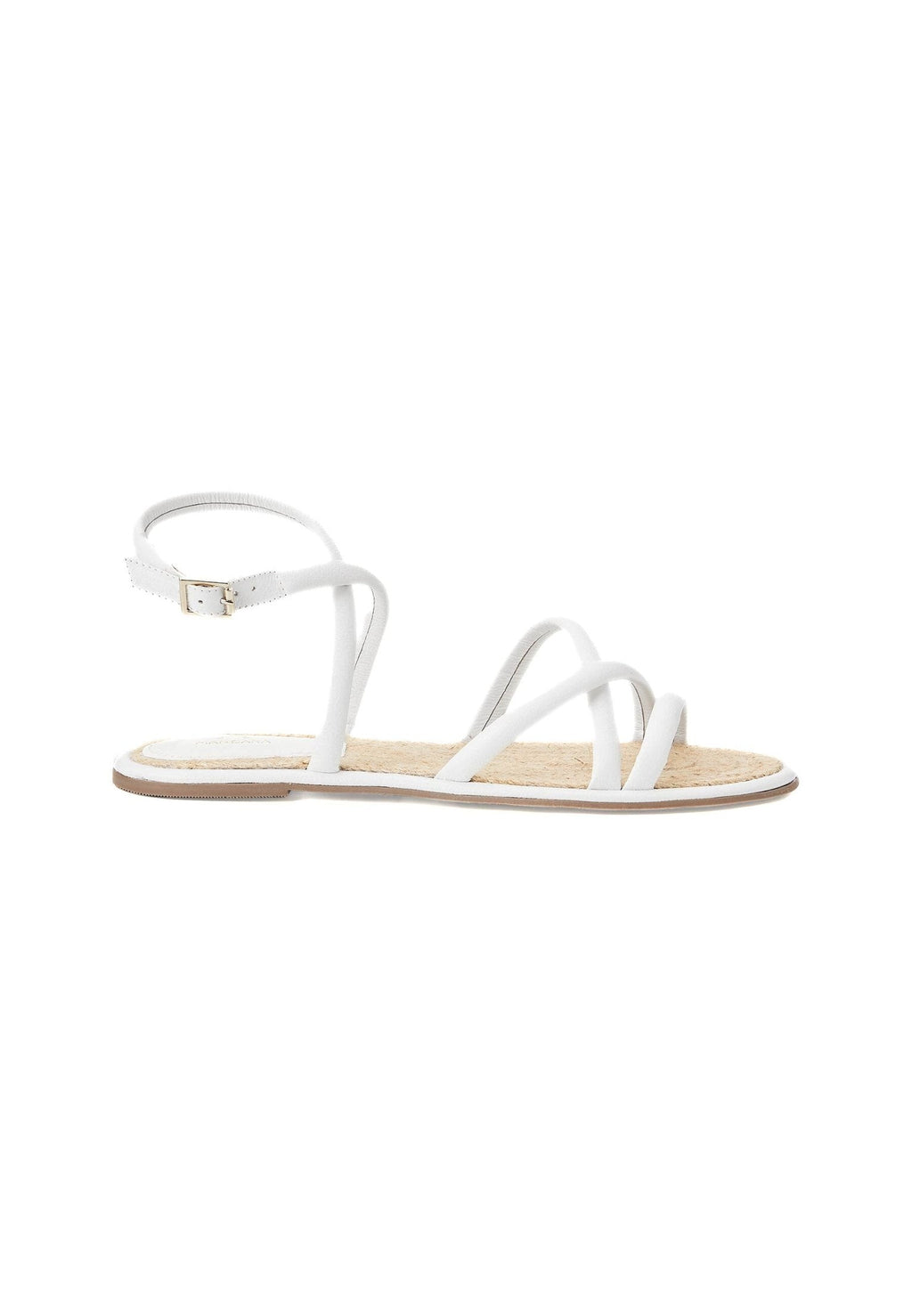 Angico White Leather Strappy Sandals – Flat, Raffia Footbed