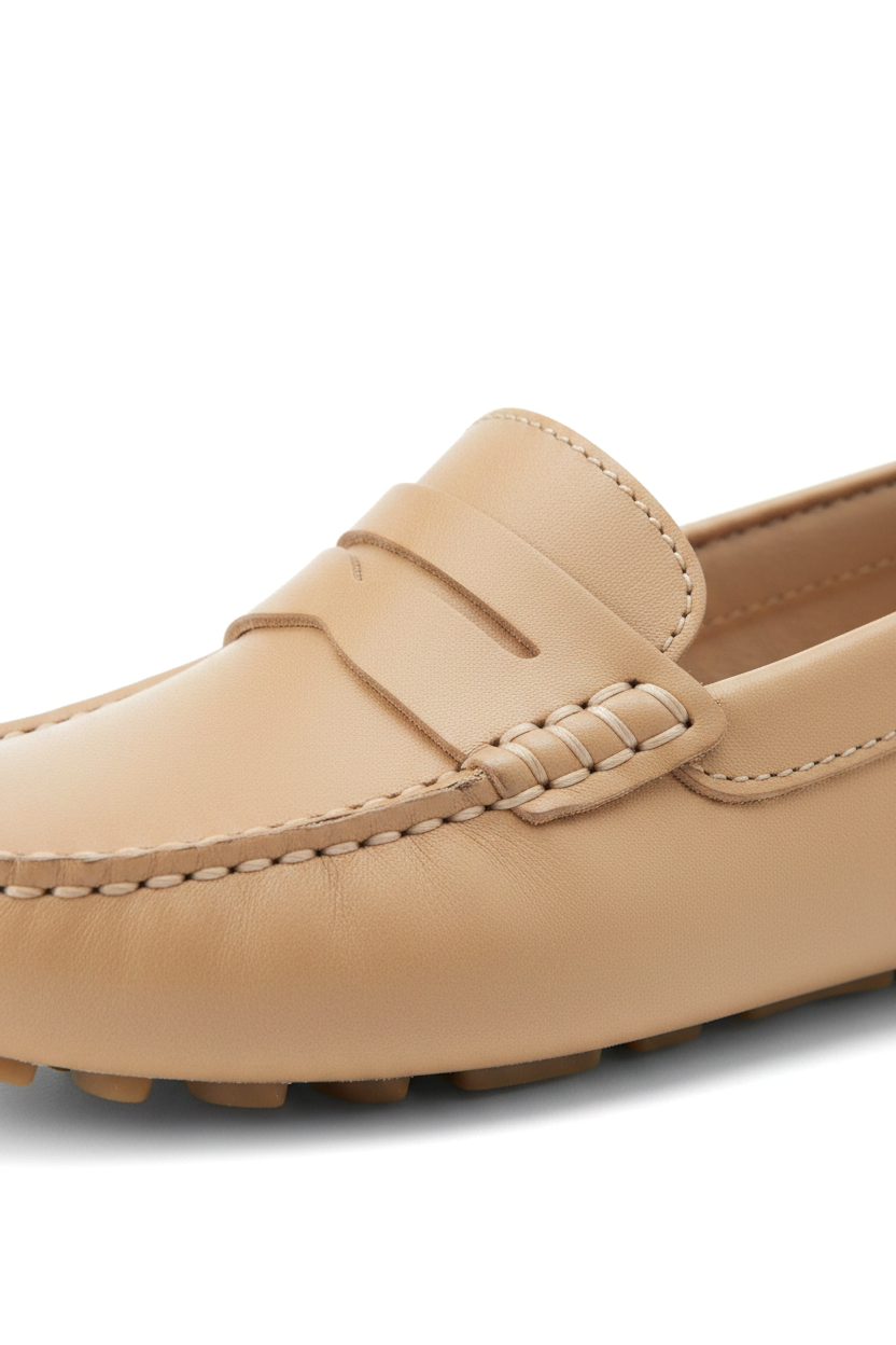 Beżowe skórzane mokasyny do jazdy samochodem Angico – płaskie mokasyny typu penny loafers