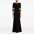 Crepe High-Neck Elbow-Sleeve Crystal Embellished Column Evening Gown