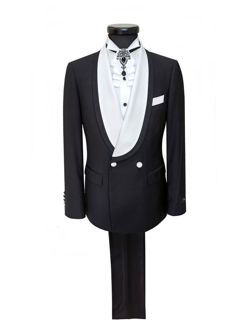 Black Double Breasted Tuxedo With White Shawl Lapel