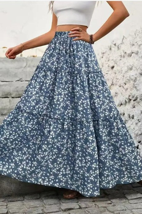 Damska spódnica maxi w kwiaty z falbanami