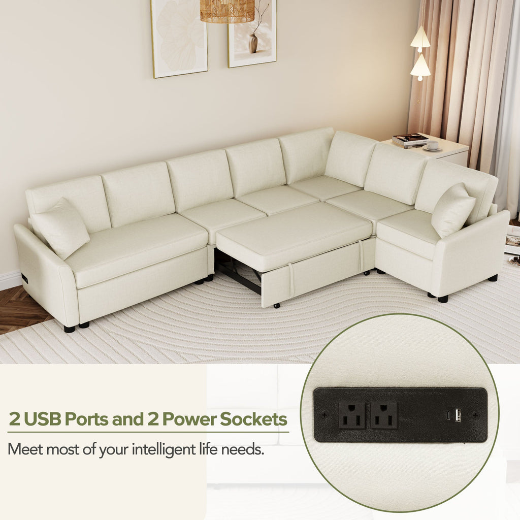 124.8"l-Shaped Sofa Convertible Sofa Bed Pull Out Sofa Sleeper With Two Back Pillows, Two USB Ports and Two Power Socket