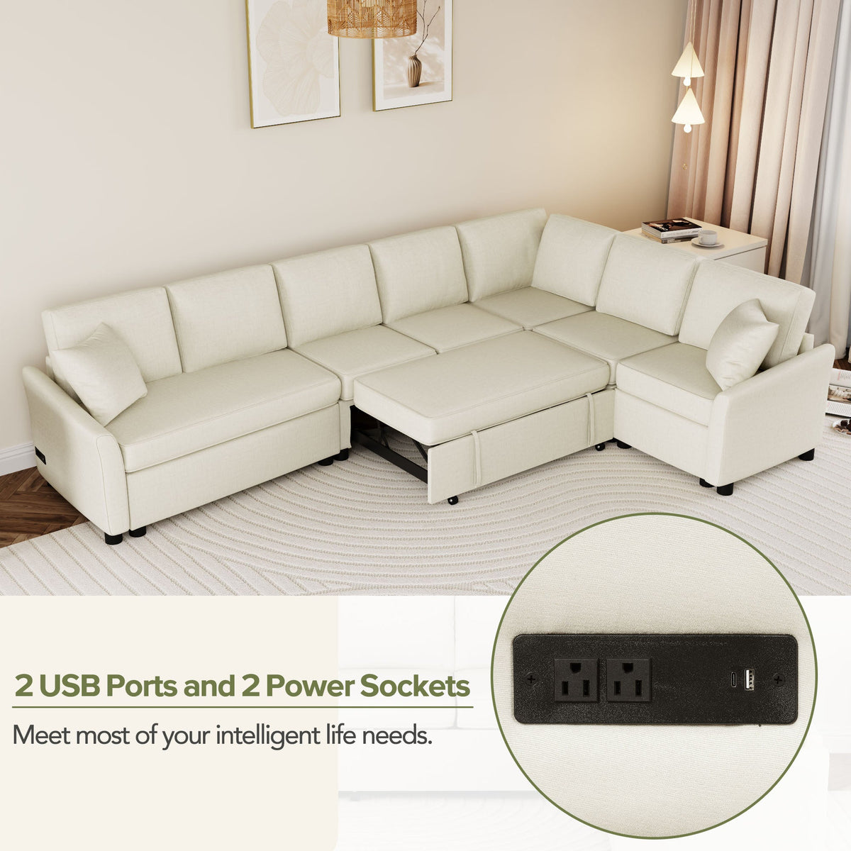 124.8"l-Shaped Sofa Convertible Sofa Bed Pull Out Sofa Sleeper With Two Back Pillows, Two USB Ports and Two Power Socket