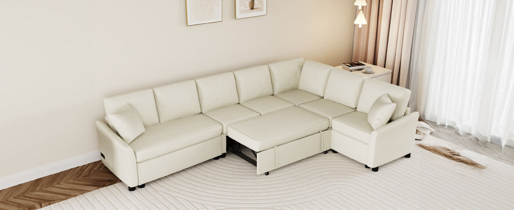 124.8"l-Shaped Sofa Convertible Sofa Bed Pull Out Sofa Sleeper With Two Back Pillows, Two USB Ports and Two Power Socket