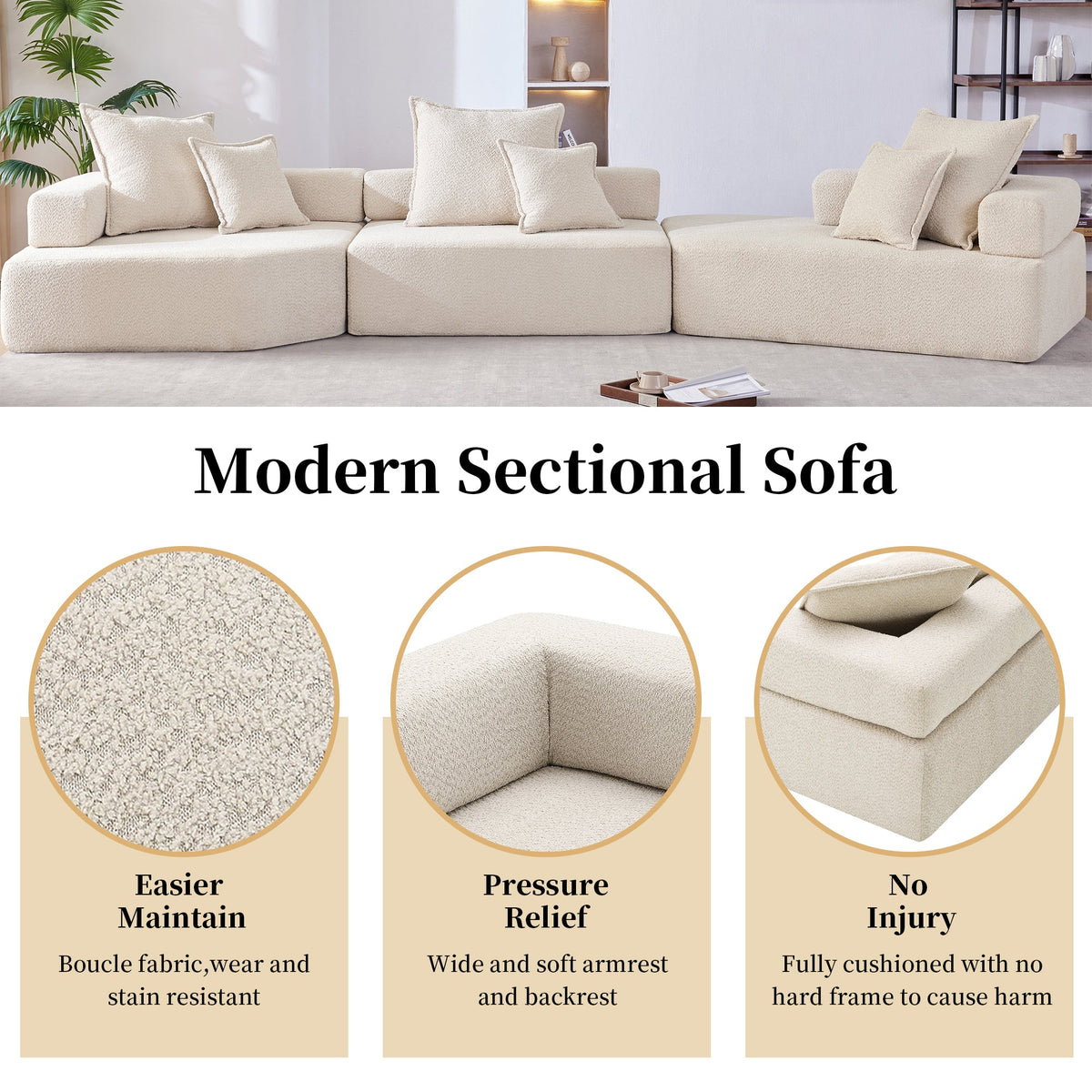 Sofá seccional modular de gran tamaño, lujoso conjunto de sofá de suelo de bouclé, sofá cama convertible, espacioso sofá cama relleno de espuma