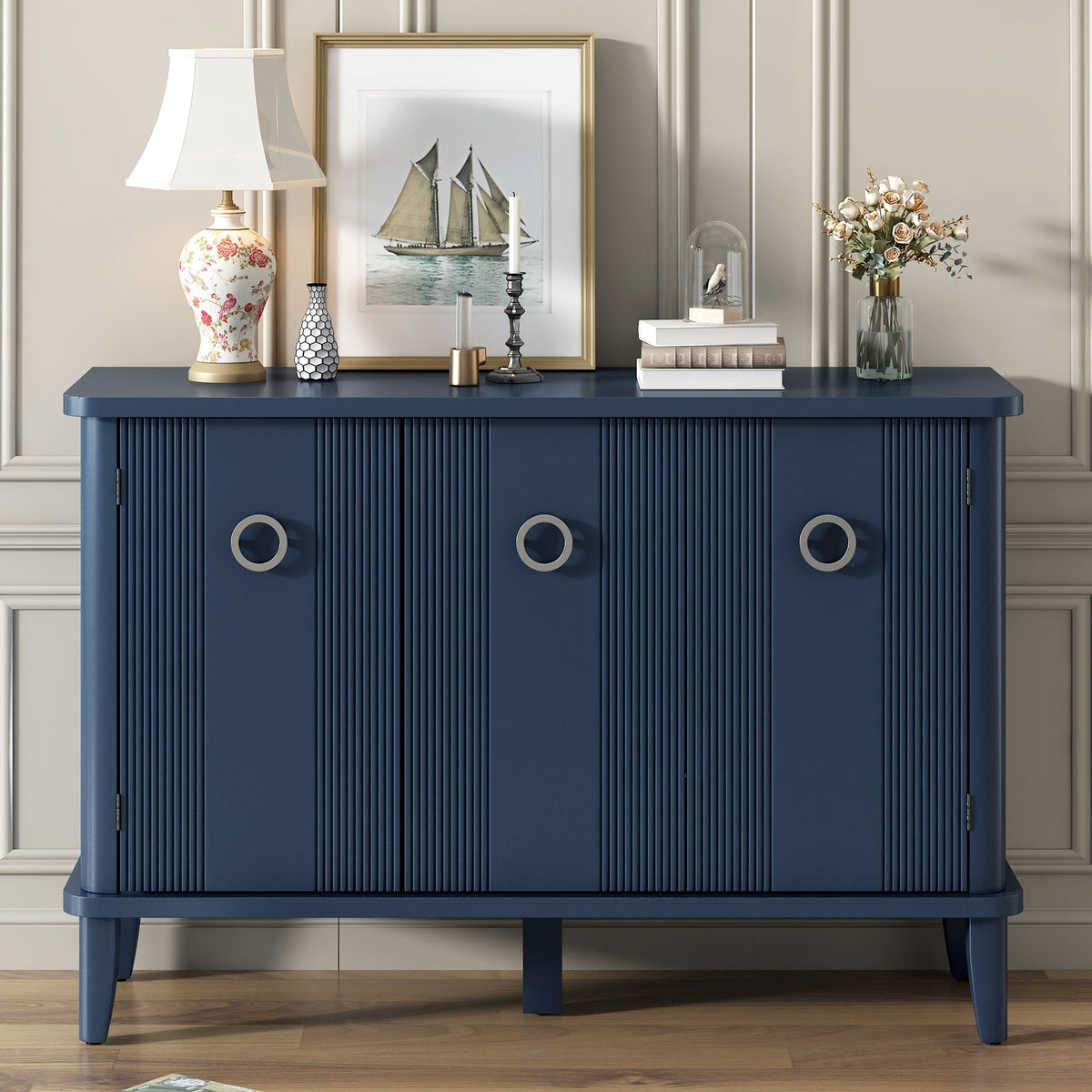 Simple and Atmospheric Solid Wood Veneer Fraxinus Mandschuric Cabinet With Three Acacia Solid Doors,Adjustable, Suitable