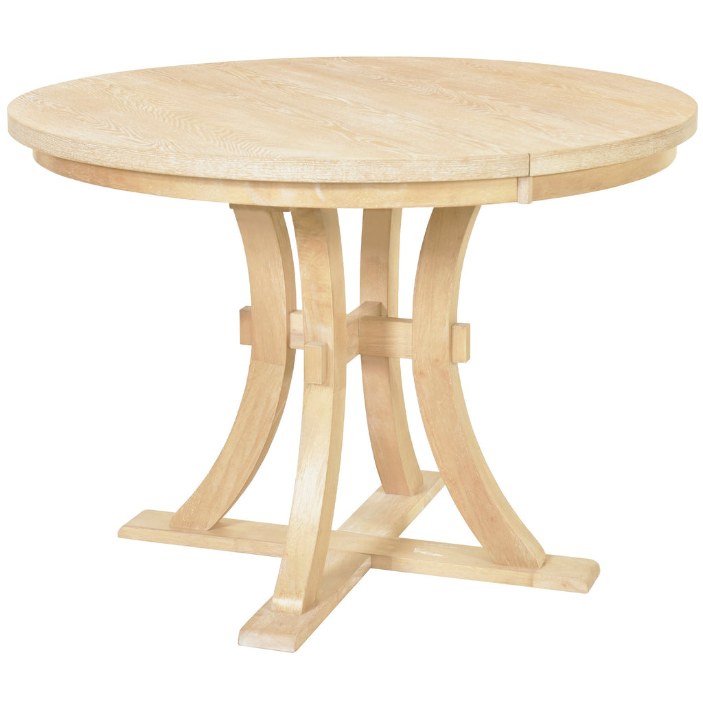5-Piece Rustic Round Pedestal Extendable Dining Table Set With 15.7" Removable Leaf and Simple Dining Chirs for Small Pl