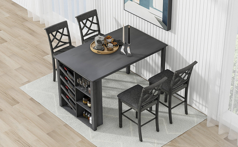 Updated Counter Height 5-Piece Solid Wood Dining Table Set, 59*35.4Inch Table With Curved Wine Rack and 4 Upholstered Ch