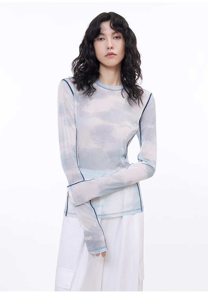 Smudge-Printed Mesh Slightly See-Through Long-Sleeved T-Shirt for Women