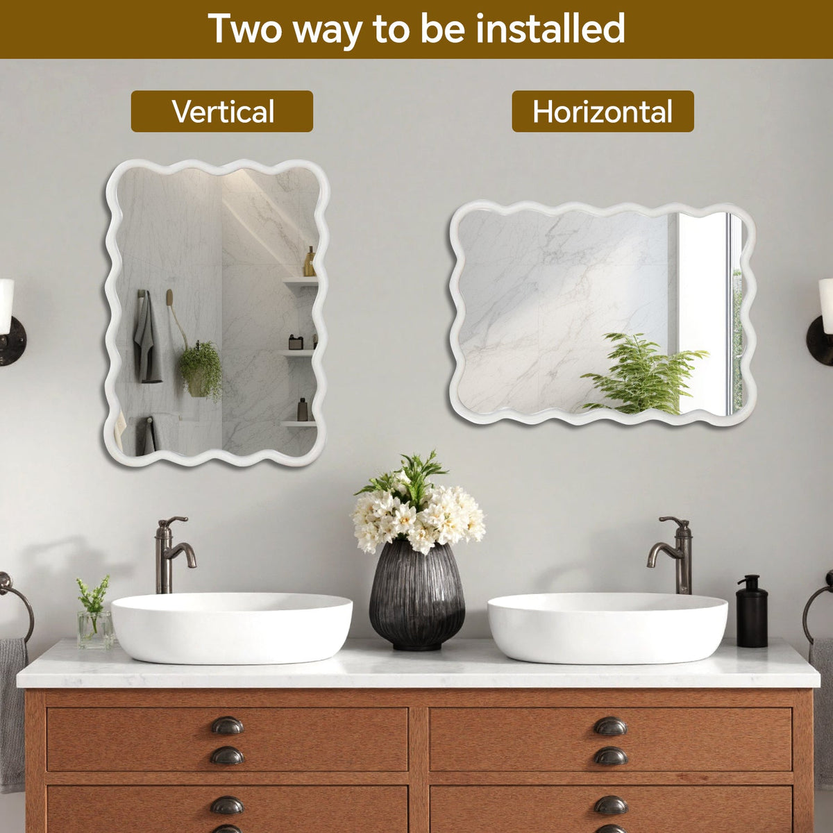30'x40' Wavy Rectangle Solid Wood Frame Decorative Mirror,For Bedroom, Bathroom, Living Room, Entryway