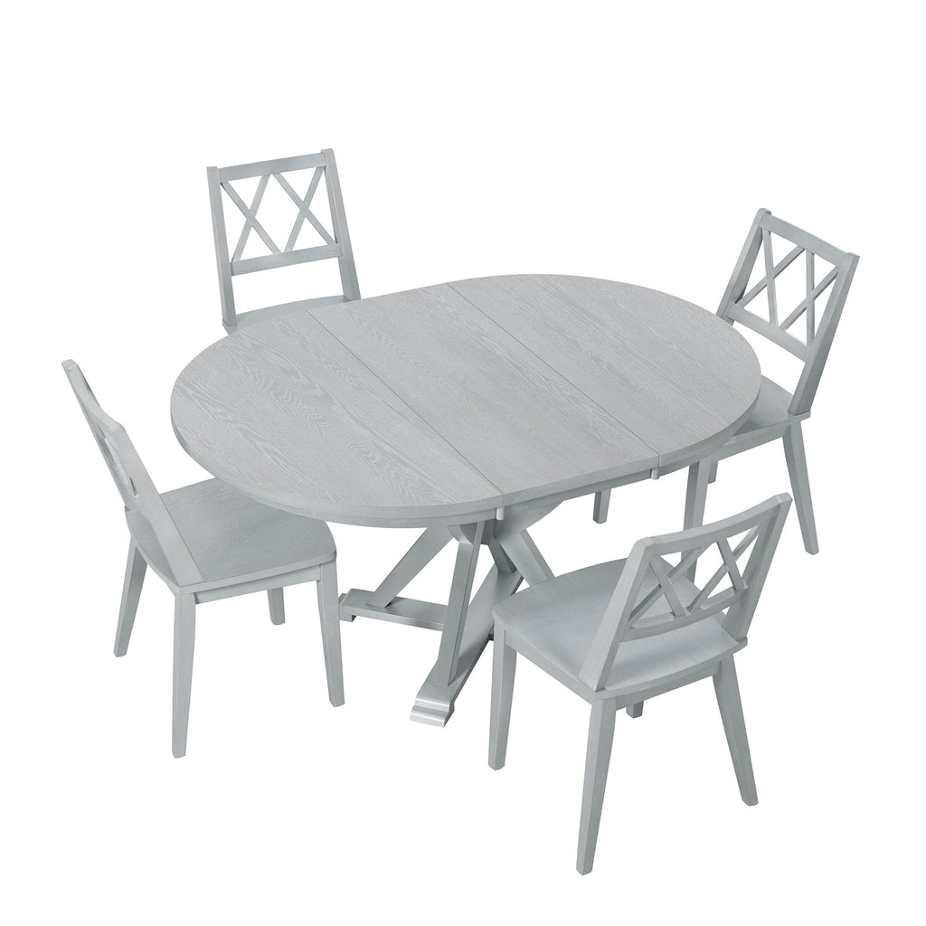 Mid-Century 5-Piece Extendable Round Dining Table Set With 15.7" Removable Leaf and 4 Cross Back Dining Chairs, Grey