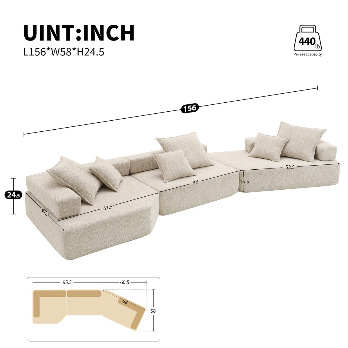 Sofá seccional modular de gran tamaño, lujoso conjunto de sofá de suelo de bouclé, sofá cama convertible, espacioso sofá cama relleno de espuma