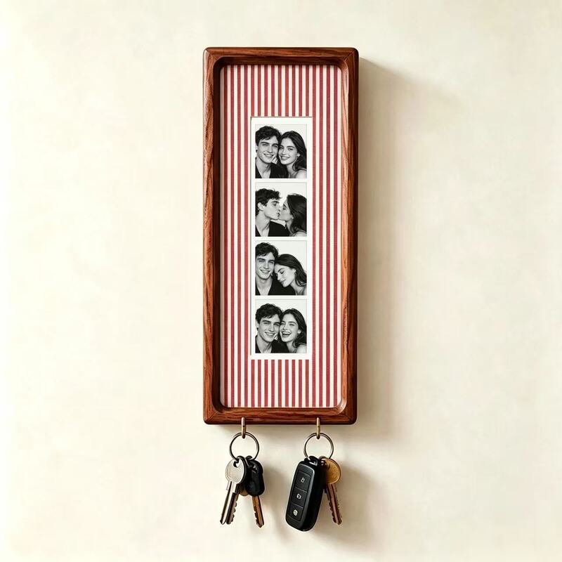 Cadre photo en bois pour couple avec porte-clés – Cadre photo mural, porte-clés à rayures vintage, cadeau d'anniversaire